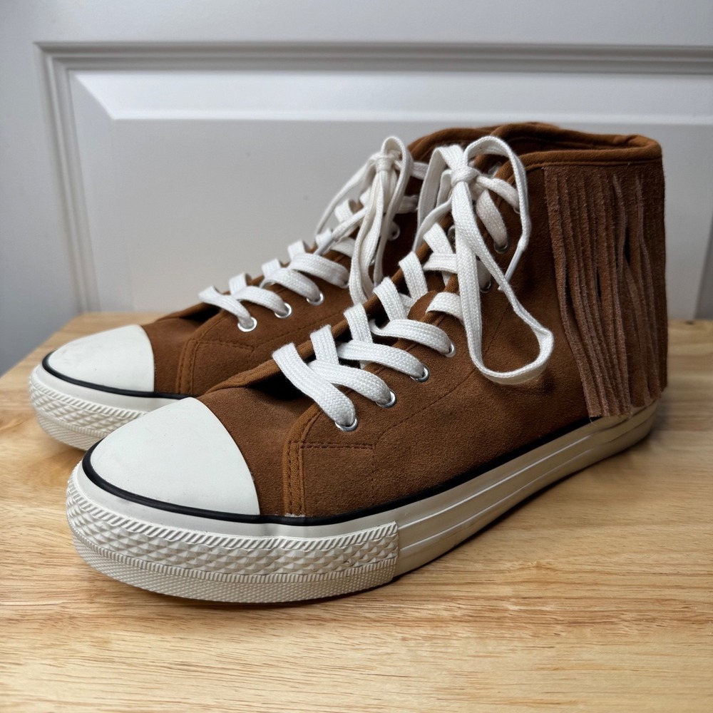TWINSET Leather Sneakers with Fringe Camel Tan Brown Suede Designer Sz EU 40